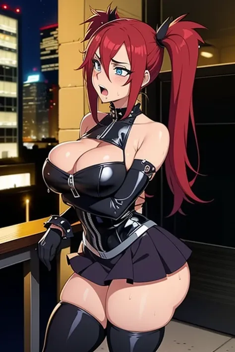 20 year old woman, busty, bubble butt, hourglass figure, skinny, blushing, embarassed, shocked expression, horny, seductive, long hair, red hair, twintail hair, wearing black dress, zipped corset, black stockings, knee high boots, tight fitting clothing, a...