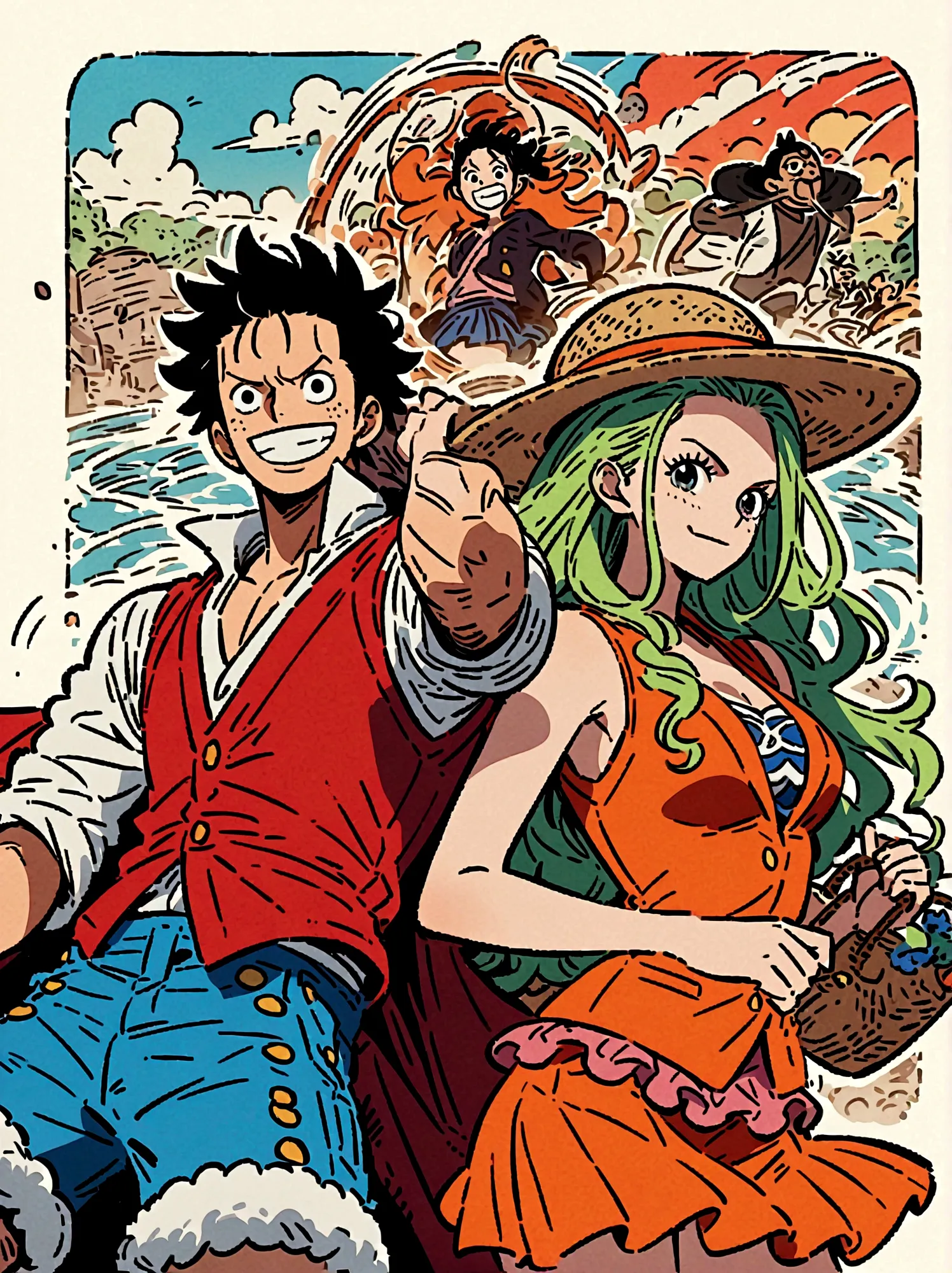 Japanese anime One Piece, Create an expansive illustration reminiscent of a popular action-adventure anime series. It should feature a diverse group of daring explorers. Each character is unique in their own way. One is a lanky man with spiky black hair, w...