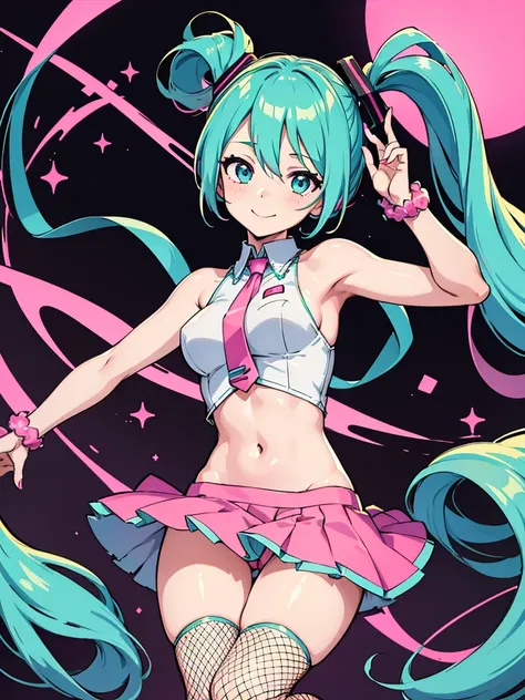 hatsune miku, 1girl, very sexy revealing bright outfit, cute mature smiling face, fishnets on legs and hands, hatsune miku, on dark japanese background, laced revealing shirt, pink stripped tight fitted skirt