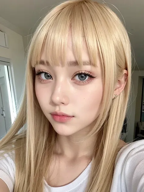 selfie closeup, blonde hair, bangs