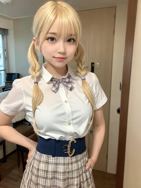 posing for camera, blonde hair, bangs, pigtails, preppy outfit, hotel room