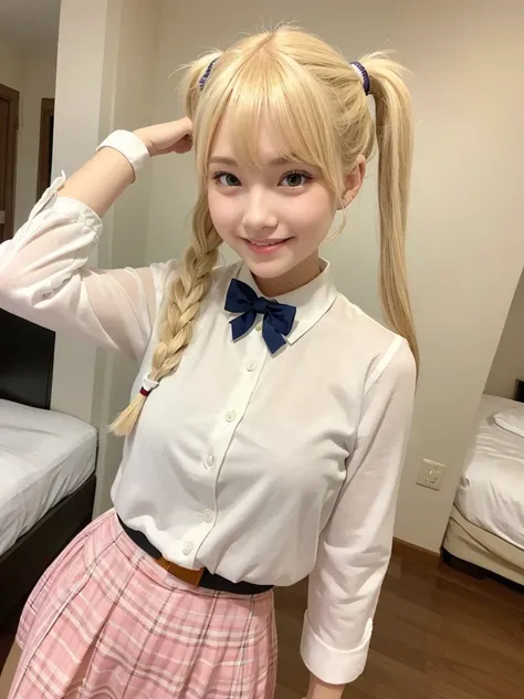 posing for camera, blonde hair, bangs, pigtails, preppy outfit, hotel room, smiling