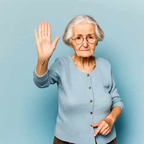 elderly woman with a sad face in simple clothes making a sign with her hand to stop