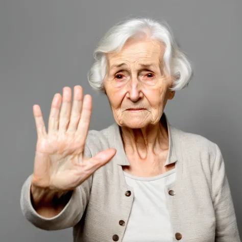 elderly woman with a sad face in simple clothes making a sign with her hand to stop