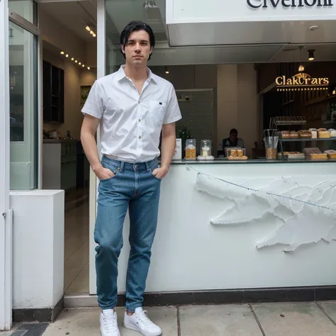 A white man with black hair and green eyes, wearing blue jeans and a white shirt, is wearing white shoes and is standing in front of a restaurant with glass decorations.