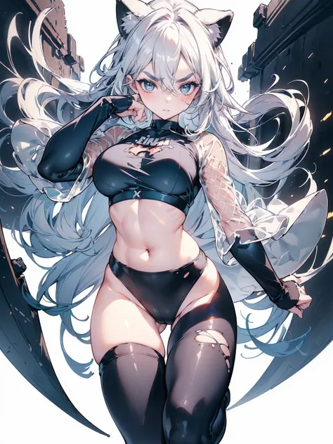 (White Hair Girl), (Thick, dark blue eyebrows:1.4), (Dark blue eyebrows:1.7), (Thick eyebrows:1.3), (Huge black fluffy animal ears:1.1), (Black animal ears:1.1), break, (((Mesh Stitching Crop T-Shirt, Cutout Long Sleeve Top))),break, (Big Breasts:1.2, Thic...