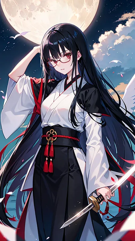 Black Hair　Straight Hair　Long Hair　Glasses　Japanese sword　moon　night　lake　One girl