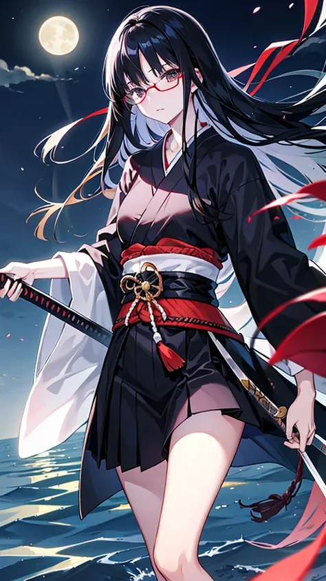 Black Hair　Straight Hair　Long Hair　Glasses　Japanese sword　moon　night　lake　One girl