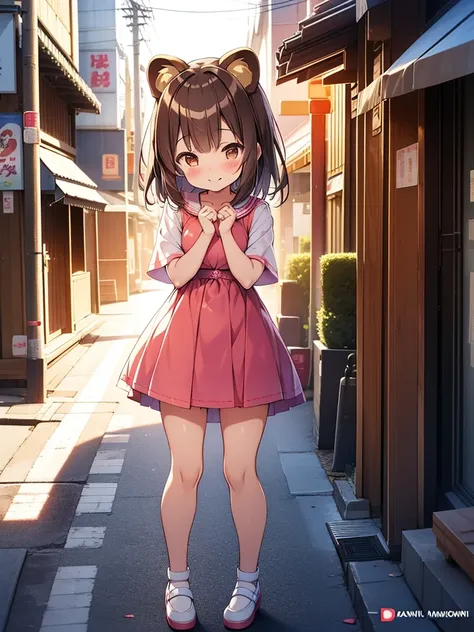 tanuki girl, loli tanuki, kawaii, on a streets of tokyo, sunset, sunbeams, magical lighting, akihabara, in cute short dress, undies visible, panties visible, smiling, blushing, shy pose, kawaii outfit, beautiful hair, looking away Short skirt raised show p...