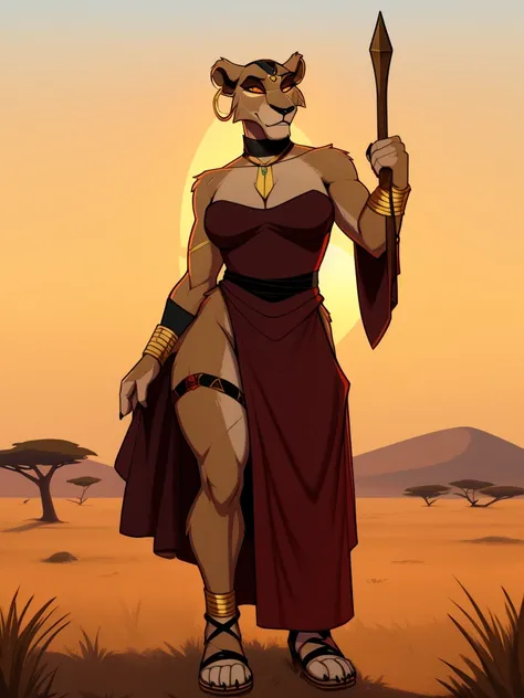 Tall_muscular_mature_lion female scars red_irises yellow_sclera hazy_sky savanna solo Masterpiece best_quality absurdres highly_detailed cleanly_drawn_eyes anthro_only by_claweddrip, by_greasymojo, by_underscore-b, by_runawaystride circlet bracers gorget n...