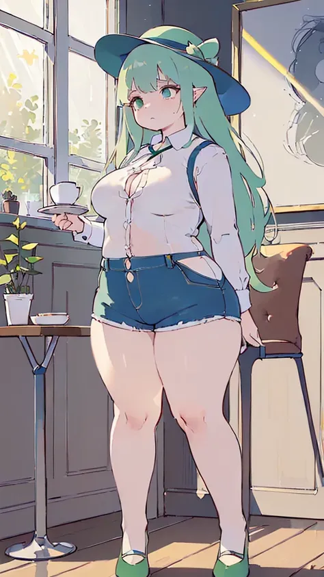 (flat:1.5),(cafe, window, sunlight, table, chair, sedentary:1.5) (big ass, thick thighs:0.7), (warm light source:1.2), intricate details, volumetric lighting, Realism BREAK(masterpiece:1.2), (top quality), 4K, ultra detail, (Dynamic configuration:1.4), Ver...