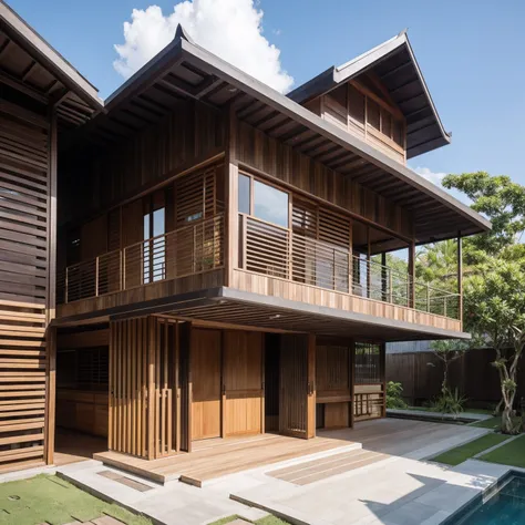 a house with a cool impression, a combination of Balinese and Japanese buildings, modern and minimalist, using wood materials