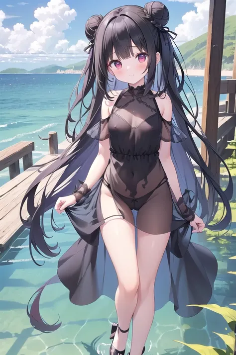 Black Hair，Red Eyes，Carly，Adorable，Teenage Girls，((See-through gorgeous sheer dress in black and purple)))，High heels on your feet，Standing on the surface of the sea，Standing on the surface of the sea，whole body，Fingers and arms are not exposed，Background ...