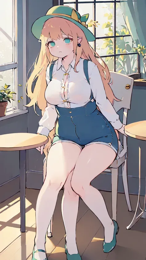 (flat:1.5),(cafe, window, sunlight, table, chair, sedentary:1.5) (big ass, thick thighs:0.7), (warm light source:1.2), intricate details, volumetric lighting, Realism BREAK(masterpiece:1.2), (top quality), 4K, ultra detail, (Dynamic configuration:1.4), Ver...