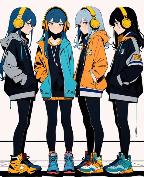 flat color,(best quality, masterpiece, ultra high-resolution, ultra-detailed: 1.2), Three unique girls are standing side by side,tween,Headphones,profile,Waste Shot,