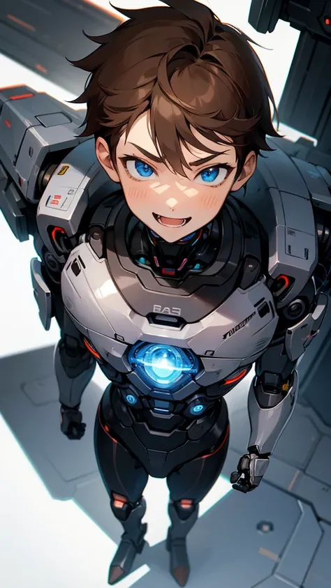 Anime boy, brown hair, blue eyes, smile, teen boy, cyborg, detail cyborg, cute face, muscle, full body, fangs