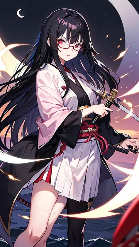 Black Hair　Straight Hair　Long Hair　Glasses　Japanese sword　moon　night　lake　One girl pink eye