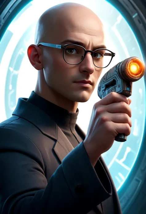 A handsome young bald man wearing glasses while holding a portal gun