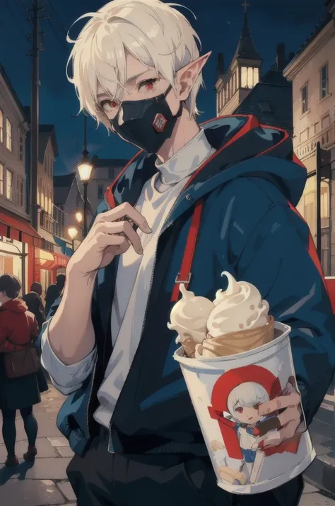 1man, adult, elf, short haircut, white and blonde coloured hair, red eyes, sleepy eyes, wearing face mask, wearing blue techno jacket, hood, holding ice cream, cool, nighttime, town square, masterpiece, best quality, magazine cover, text cover