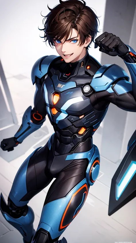 Anime boy, brown hair, blue eyes, smile, teen boy, cyborg, detail cyborg, cute face, muscle, full body, fangs