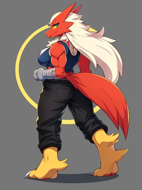 [blaziken], (mayosplash), (wamudraws)], ((masterpiece)), ((HD)), ((solo portrait)), ((back view)), ((furry; anthro)), ((detailed shading)), ((beautiful render art)), ((intricate details)), {anthro; red feathers, red beak, (yellow talon feet), (long white h...