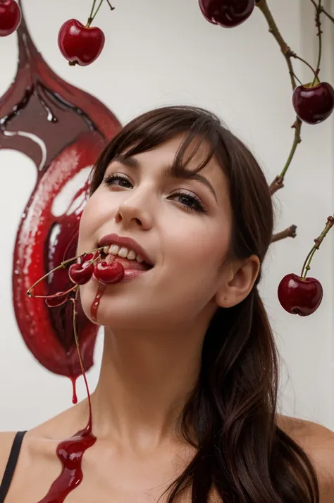 The image shows a beautiful woman eating cherries in a sensual way. She has her head tilted back while biting into the cherry. Paint of different colours is dripping all over her body. The paint covers her intimate areas.