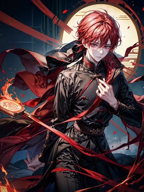 One Beautiful Boy、youth、tall、fiery red hair、One side of the hair is long、Burning red eyes、Handsome、mysterious、beautiful、highest quality、masterpiece、Super detailed、Long, narrow eyes、Surrounded by flames、Hakama、Gazing at the viewer、Torii Gate Scenery