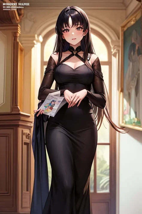 masterpiece, highest quality, One girl, alone, ((Mature Woman)), Round pupils, long hair, hair, Princess, Black Dress, Fantasy, Happy, View Viewer, comics, anime, (oil)