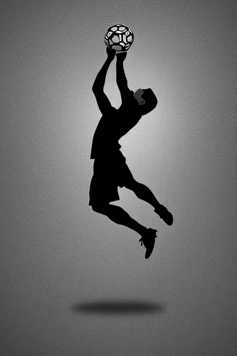 Create evocative artwork of a soccer player holding the ball in his hands, centered above his head. The image must show the players dark silhouette against a bright background, with the ball positioned above the players head. The players posture must indic...