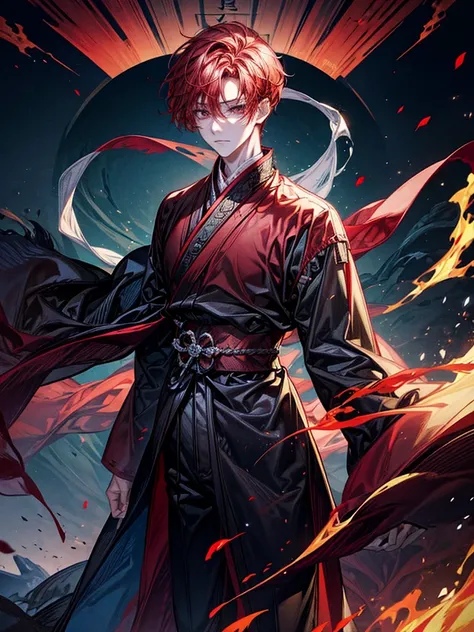 One Beautiful Boy、tall、fiery red hair、One side of the hair is long、Burning red eyes、Glowing Eyes、Handsome、mysterious、beautiful、highest quality、masterpiece、Super detailed、Long, narrow eyes、Surrounded by flames、Hakama、Gazing at the viewer、Torii Gate Scenery