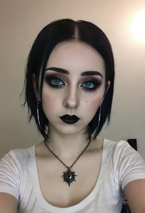 Just a basic bad quality selfie of metal head girl, trad goth, makeup and piercing 