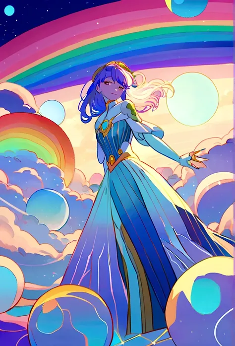 Paisagem fantastica em um planeta estrangeiro, Sky full of distant planets, uma mulher com traje espacial azul, a bright rainbow and planets with rings in the sky