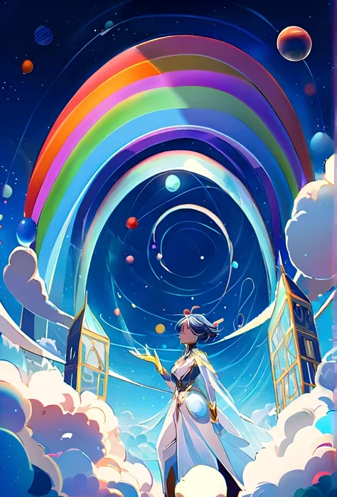 Paisagem fantastica em um planeta estrangeiro, Sky full of distant planets, uma mulher com traje espacial azul, a bright rainbow and planets with rings in the sky