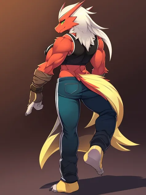 [blaziken], (mayosplash), (wamudraws)], ((masterpiece)), ((HD)), ((solo portrait)), ((back view)), ((furry; anthro)), ((detailed shading)), ((beautiful render art)), ((intricate details)), {anthro; red feathers, red beak, (yellow talon feet), (long white h...