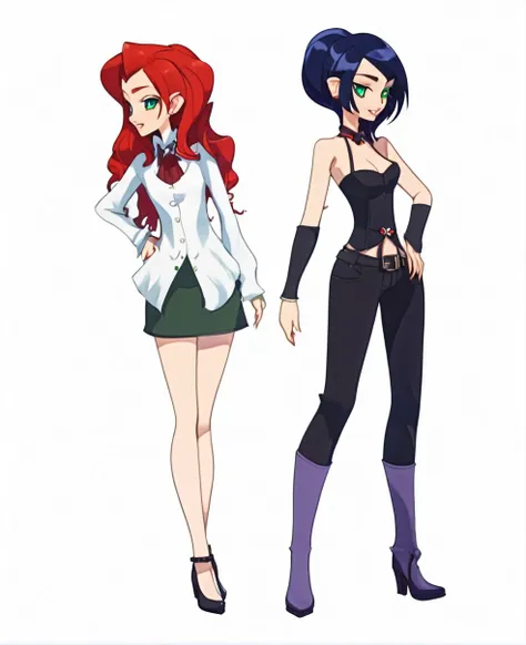 vampire fraternal twin young ladies.  one with long red hair, green eyes. the other with short black-blue hair and blue eyes.