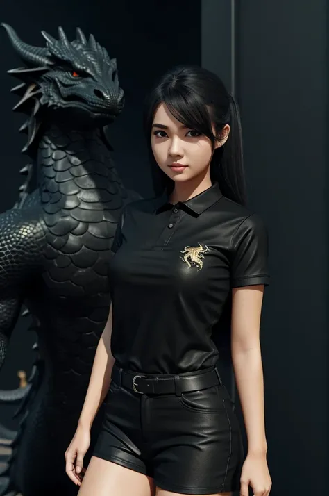 3D Girl in a black shirt with a name PBM with dragon at the back, pink shadow 