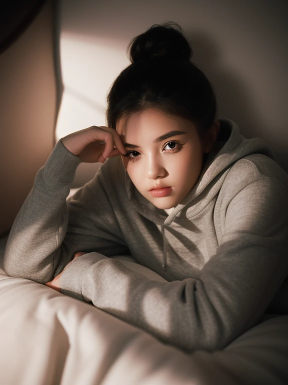 couture fashion photography, an award winning photo of a beautiful girl in hoodie, bun, lying in bed, dark lighting, (deep shadows:1.1), masterpiece, best quality, (intricate details), dreamy, magnificent, ethereal, volumetric lighting, lightroom, ((cinema...