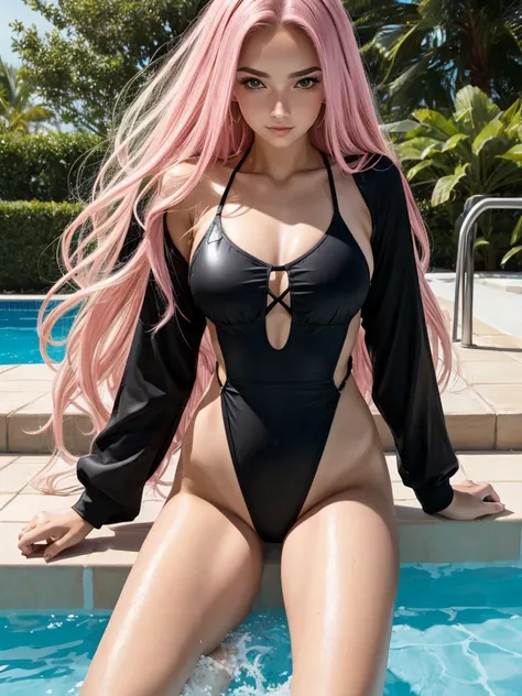 beautiful girl pink long hair . swimming pool / black swimsuit