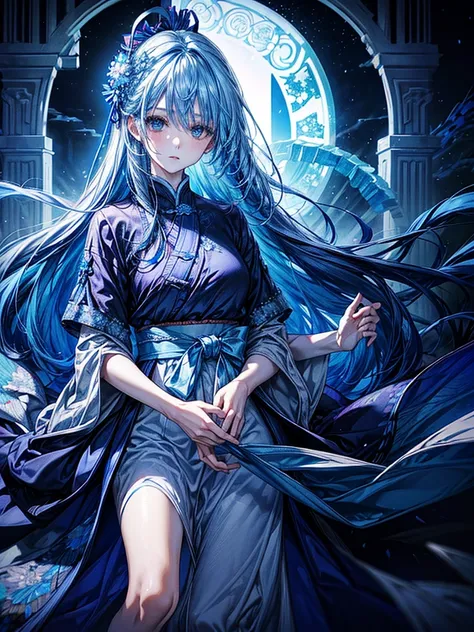 One beautiful woman、Crystal blue hair、Flowing hair、Blue eyes that shine like jewels、beautiful、mysterious、masterpiece、Super detailed、highest quality、surrounded by snow and ice、Hakama、Looking at the viewer、Torii Gate Scenery