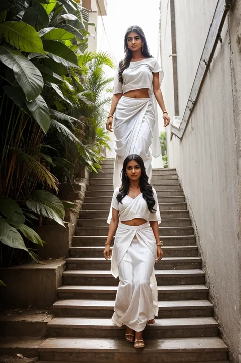 The raft stands on a stairway to heaven. The girl in white sari is standing on the stairs.