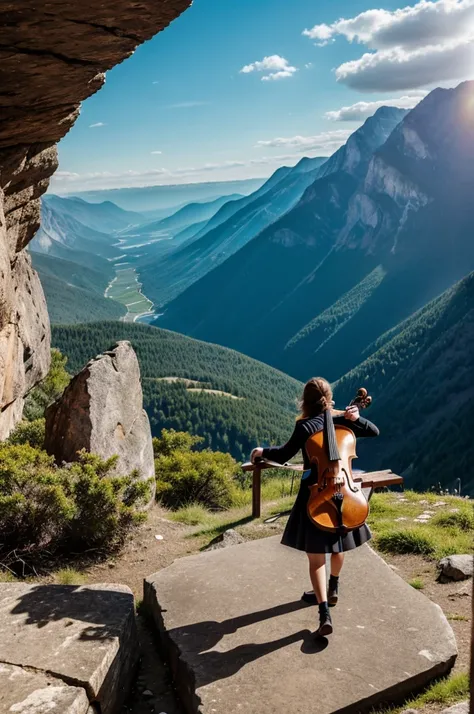 A alone person with violin at a edge of a mountain 