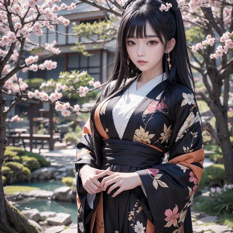 A stunningly beautiful Japanese girl with long, flowing black hair, dressed in an exquisite orange kimono adorned with intricate patterns. Her large, expressive eyes sparkle with a hint of mystery and grace, capturing the essence of traditional elegance. R...