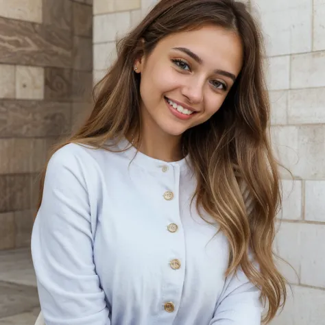 one cute women, 22YO, white, Arab, cute face, realistic brown eyes, blue jacket, blonde/brown hair, cute smile, skinny face, white realistic teethes, big eyes, long hair, no hands