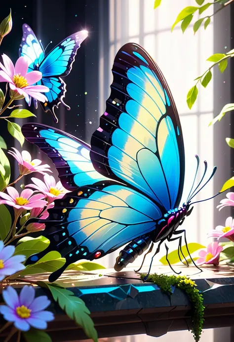 Delicate (pastel color crystal butterfly: 1.5) crystal glass, glitter, amongst flowers on branch, complex 3d render ultra detailed of a beautiful butterfly, beautiful studio soft light, rim light, vibrant details, cyberpunk, hyperrealistic, breathtaking fa...