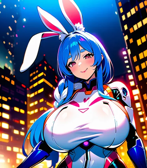 masterpiece, high quality, extremely detailed, 1girl, milf, solo, bunnygirl, pekomama, (huge breasts:1.5), ((((blue hair), long ...