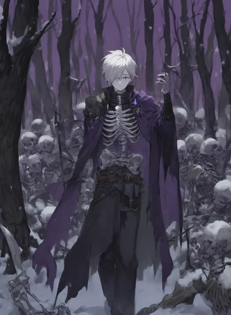 young man ,Male Dark, dark Woods, cold colors, Elf with puple eye, Warlock dnd , Skeleton army in background