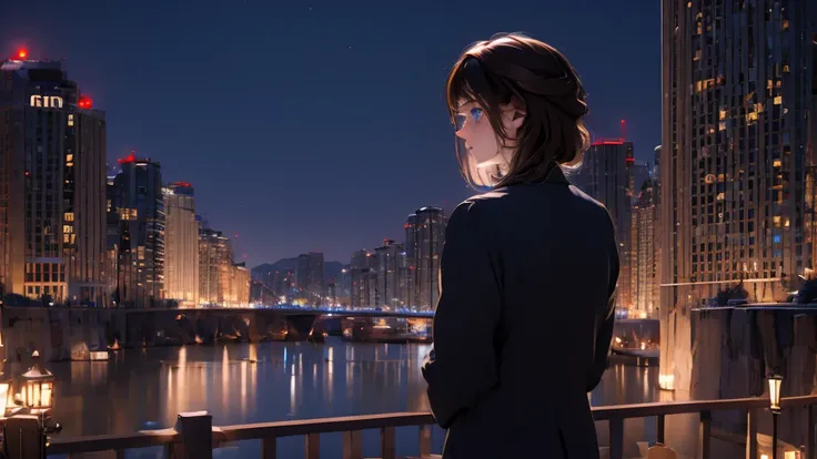 1 girl, medium light brown hair, light blue eyes, wearing black suit, night city, absurdres, high res, ultrasharp, 8K, masterpiece, looking from behind