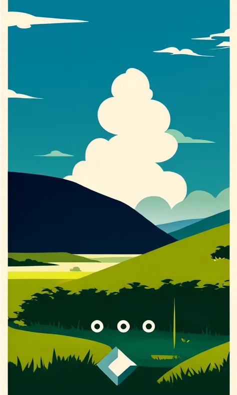 travel poster design, grassland, Blue sky, White Cloud, Image minimalist style