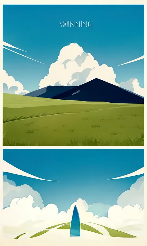 travel poster design, grassland, Blue sky, White Cloud, Image minimalist style