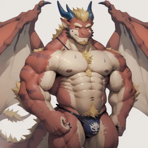 masterpiece，best quality，8k resolution，Very detailed，hairy，((sweat))((Red Dragon Man))，muscle，(((Blonde)))，Strong，超大muscle，((With a pair of blue horns))， ((Golden Eyes))，portrait，((Shirtless))，((Simple background))，((solitary))，(((red wings)))，(((Thong))),...